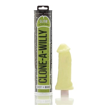 Glow-in-the-Dark Clone-A-Willy Vibrator Kit with a finished vibe next to packaging