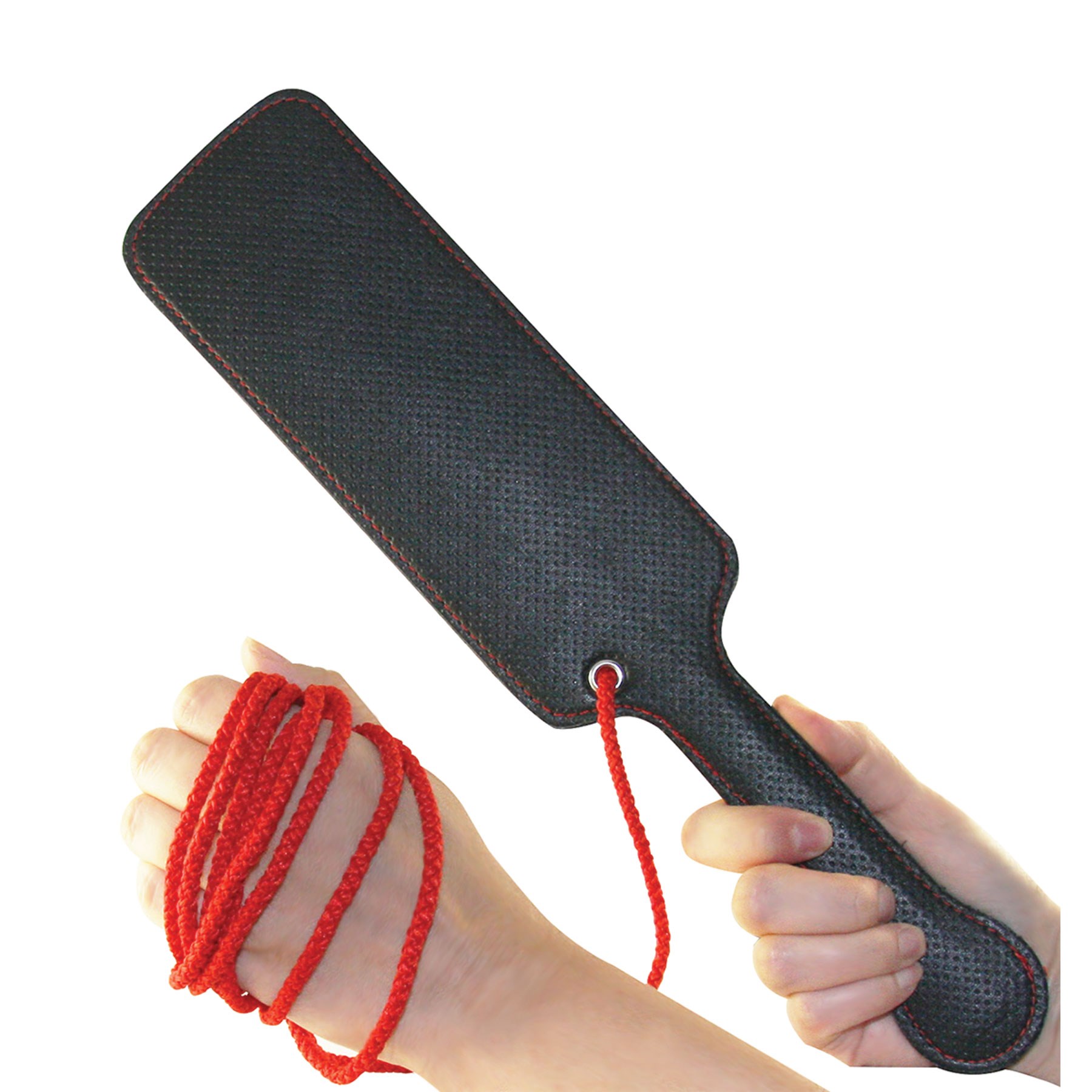 A&E's Scarlet Spank Me Paddle shown with binding rope wrapped around hand