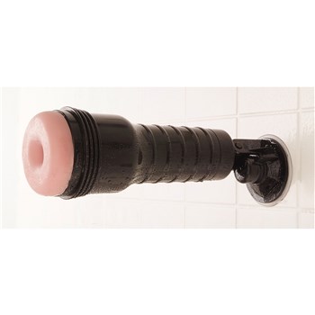 Fleshlight Shower Mount with fleshlight inserted and stuck to wall