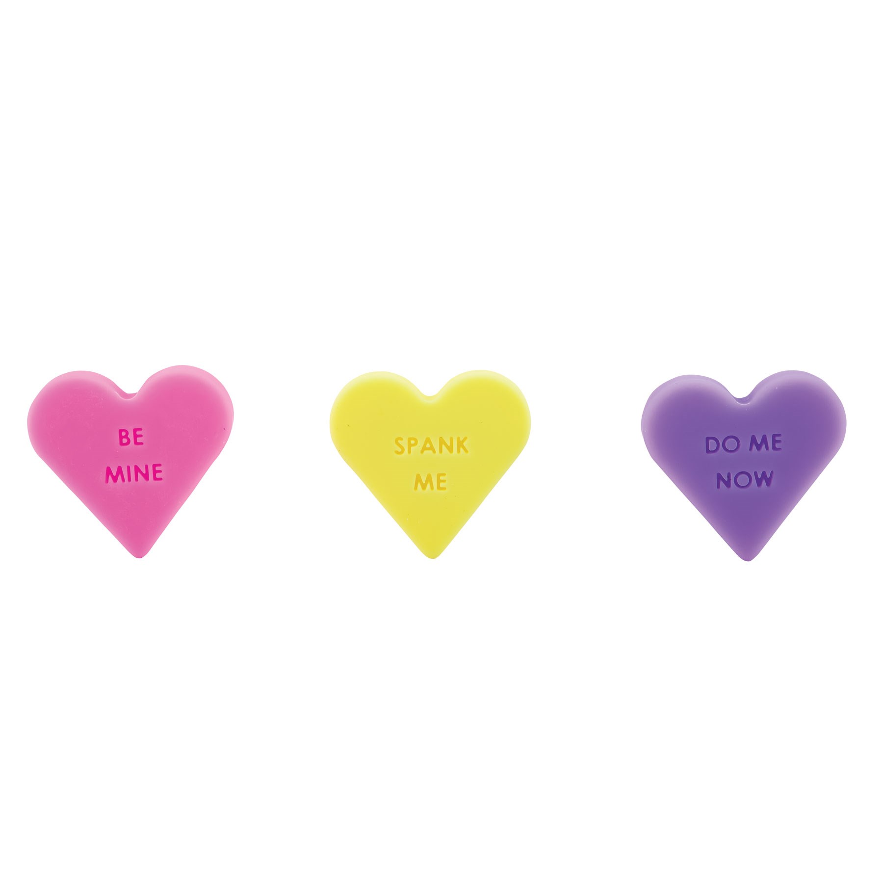 Naughty Candy Heart Butt Plug bases showing stamped messages
