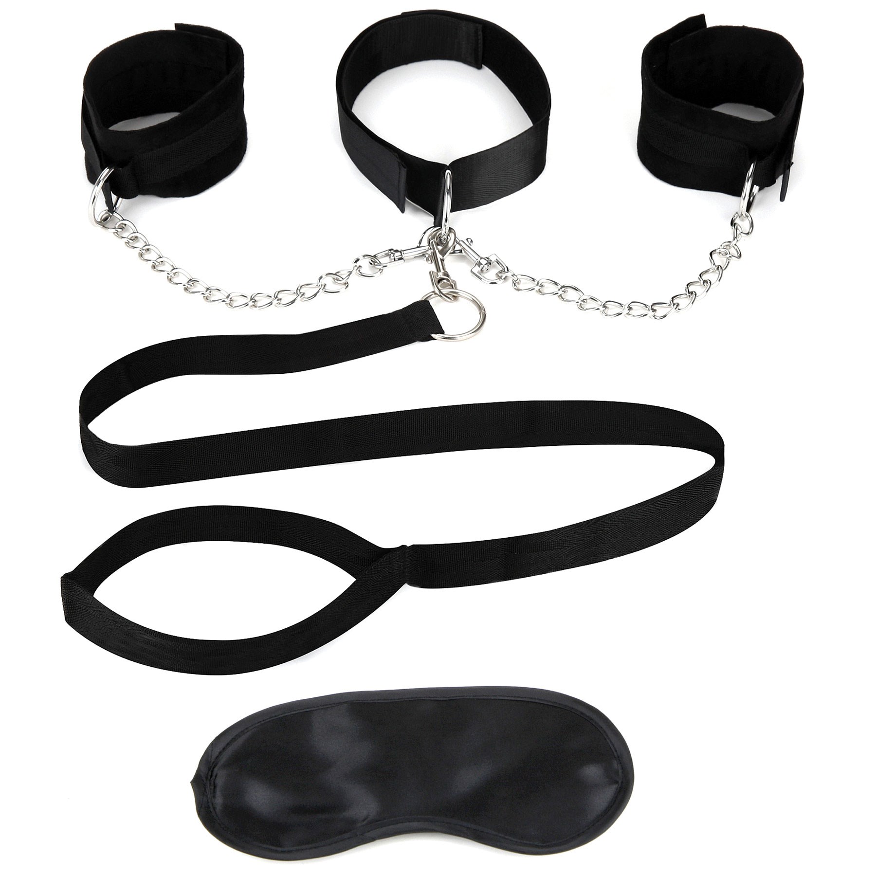 Lux Fetish Collar,Cuffs, Leash Set table top