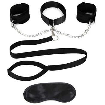 Lux Fetish Collar,Cuffs, Leash Set table top
