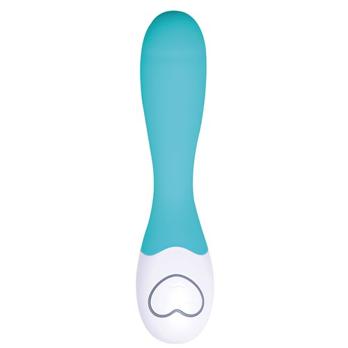 OhMiBod Lovelife Cuddle G-Spot Massager standing upright on table - Turquoise