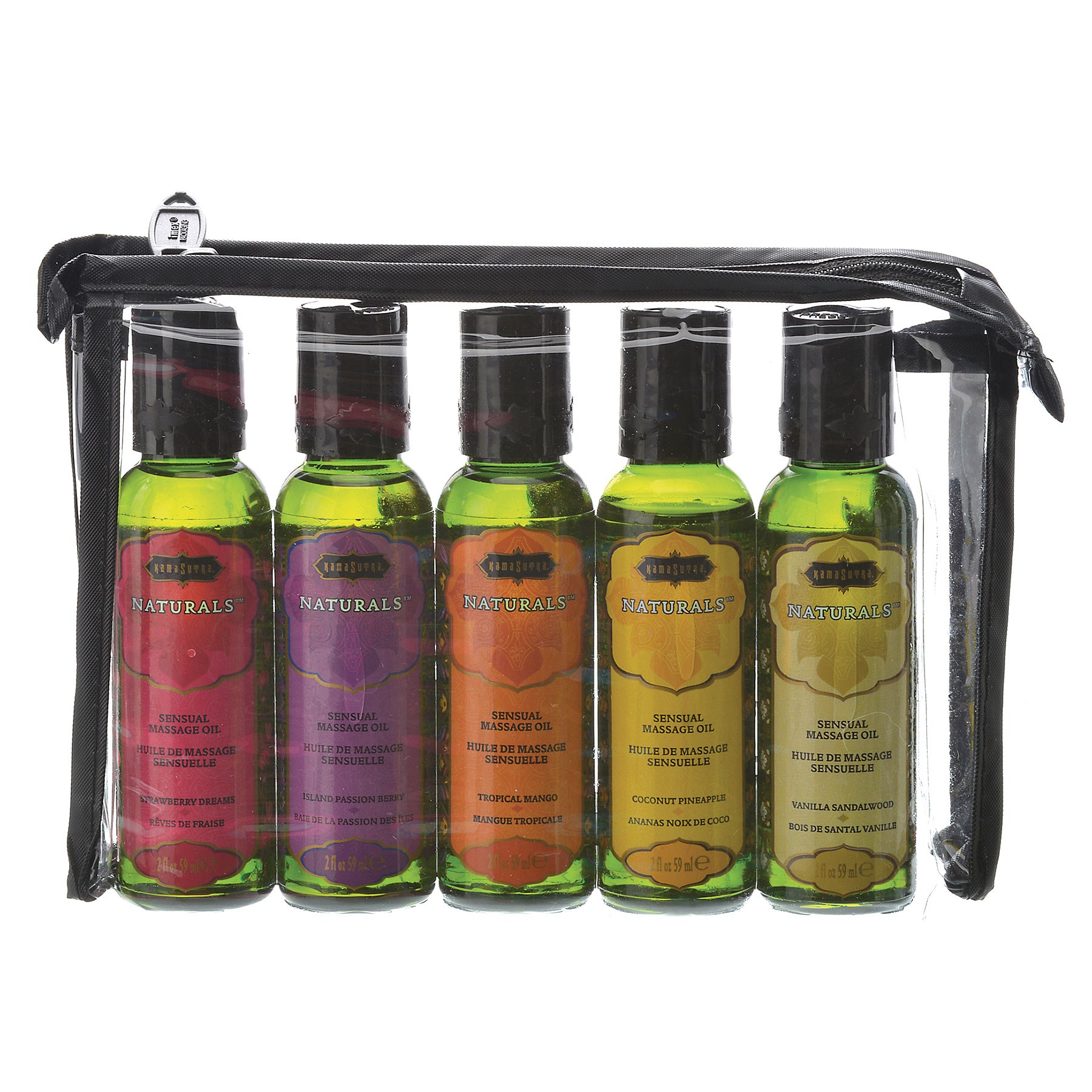 Kama Sutra Massage Indulgence bottles in travel pouch