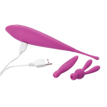 Noje Quiver Clitoral Stimulator Set charger cord plugs into fat end of toy