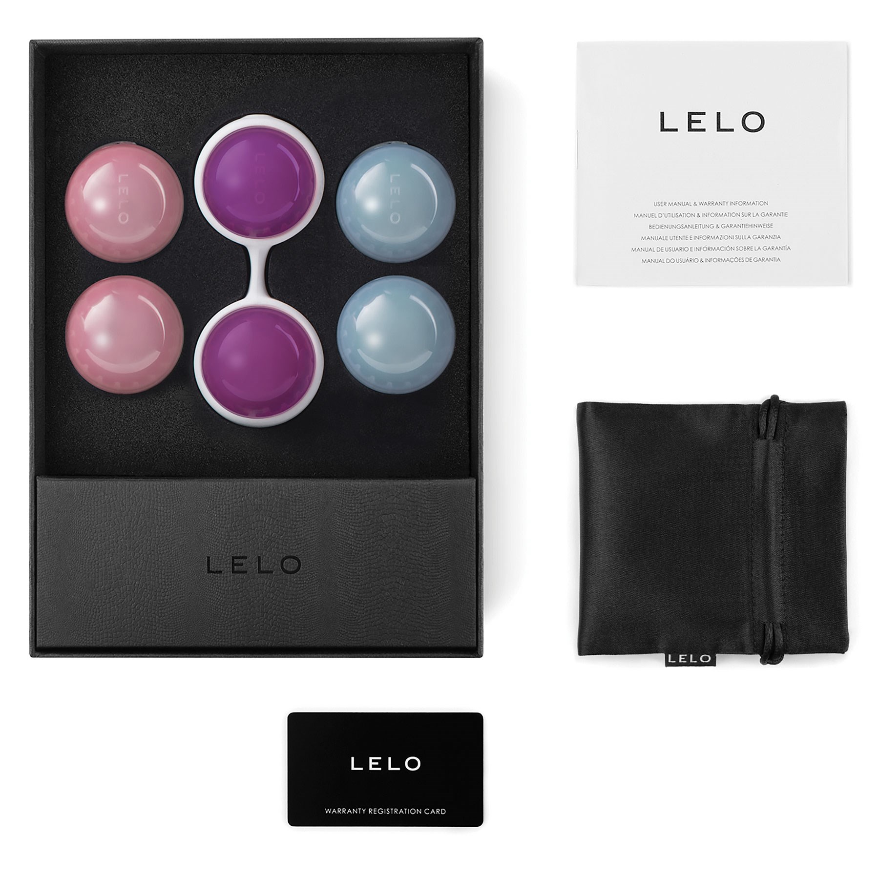 Lelo Luna Beads Plus box and all components laid out on a table including storage bag