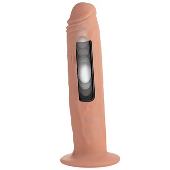 Thump It Remote Control Dildo with overlay graphic of internal thumping mechanism