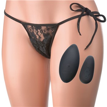 Screaming O Ergonomic Panty Set model wearing panties with image of vibrator and remote
