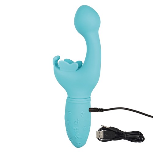 Butterfly Kiss Rechargeable G-Spot Vibrator with charger cord plugged into base of vibrator