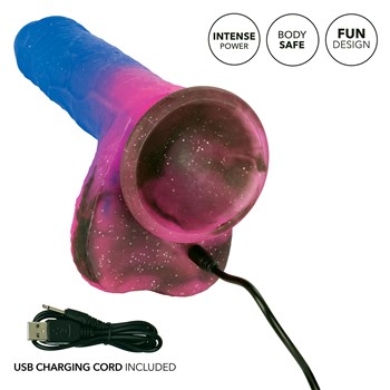 Ombre Hombre Vibrating Dildo with charger cord plugged into base of dildo