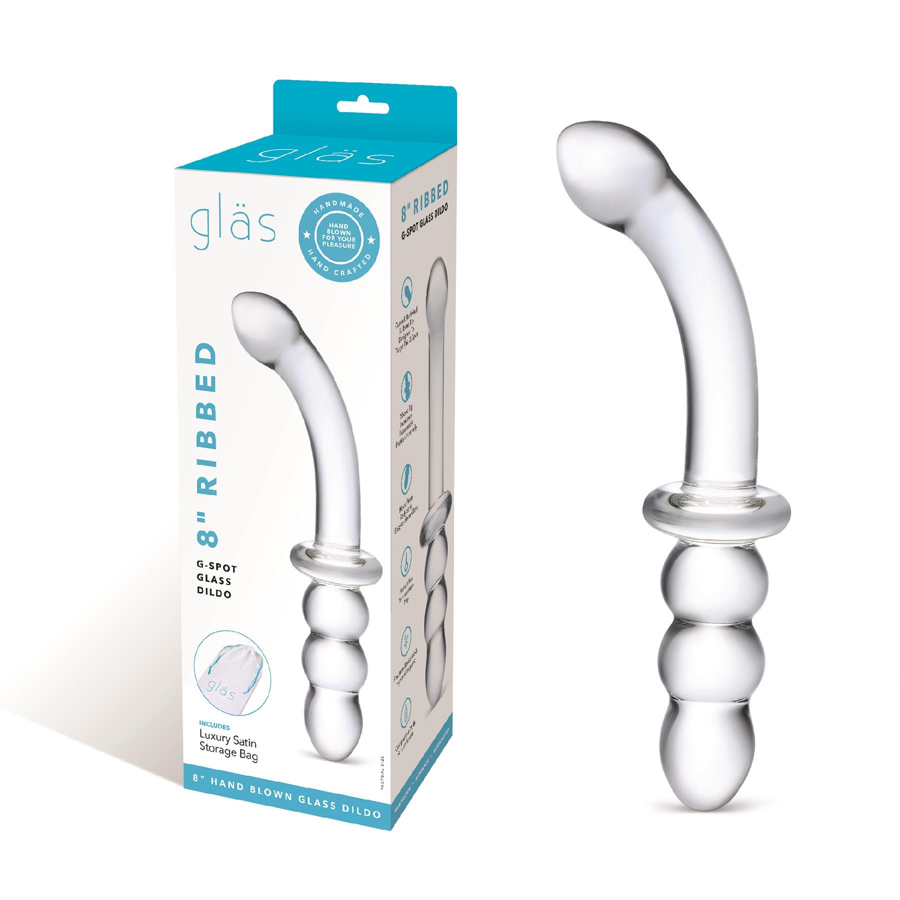 Glas 8 Inch Ribbed G-Spot Glass Dildo	Product and Box Shot