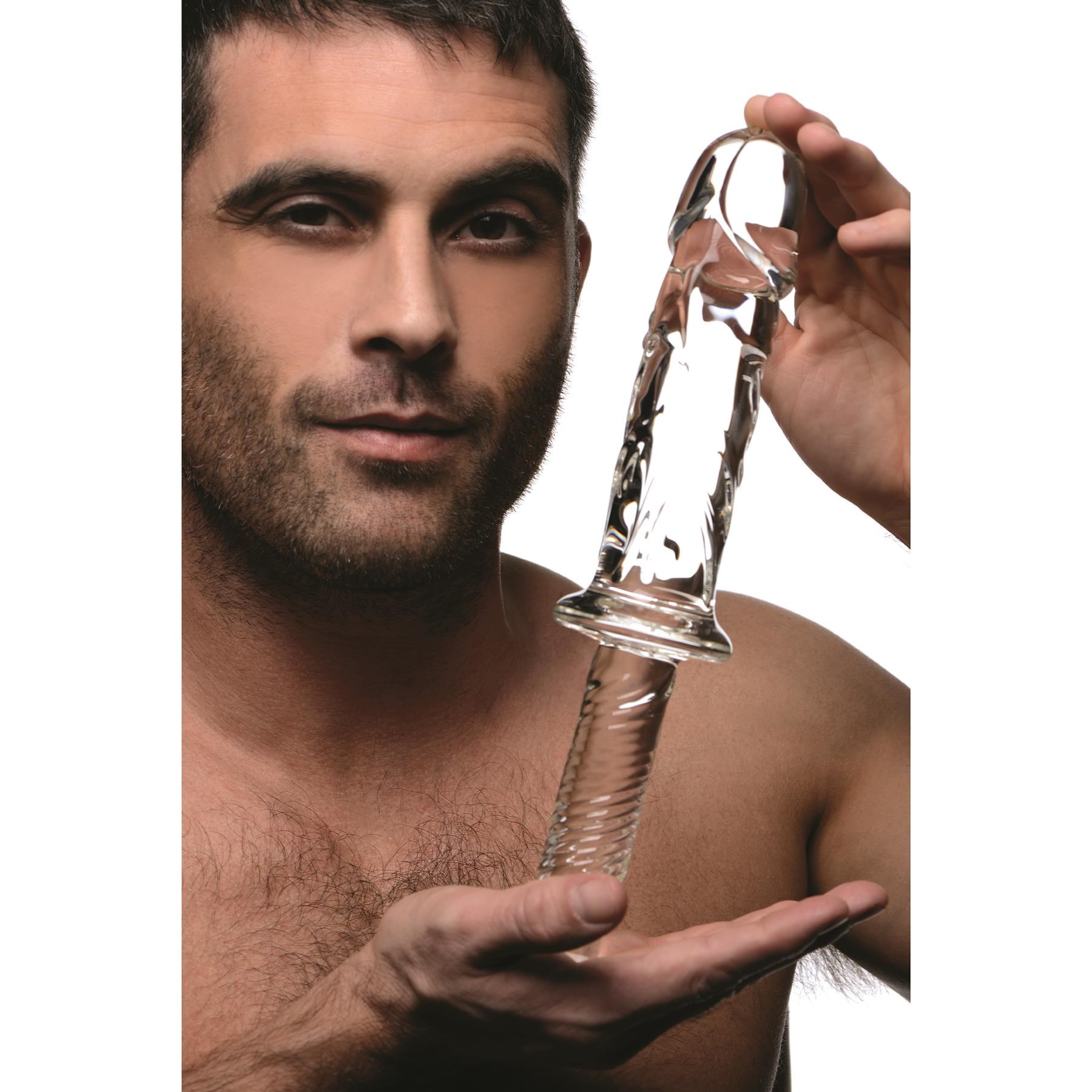 Brutus Glass Thruster Dildo Hand Shot with Male Model
