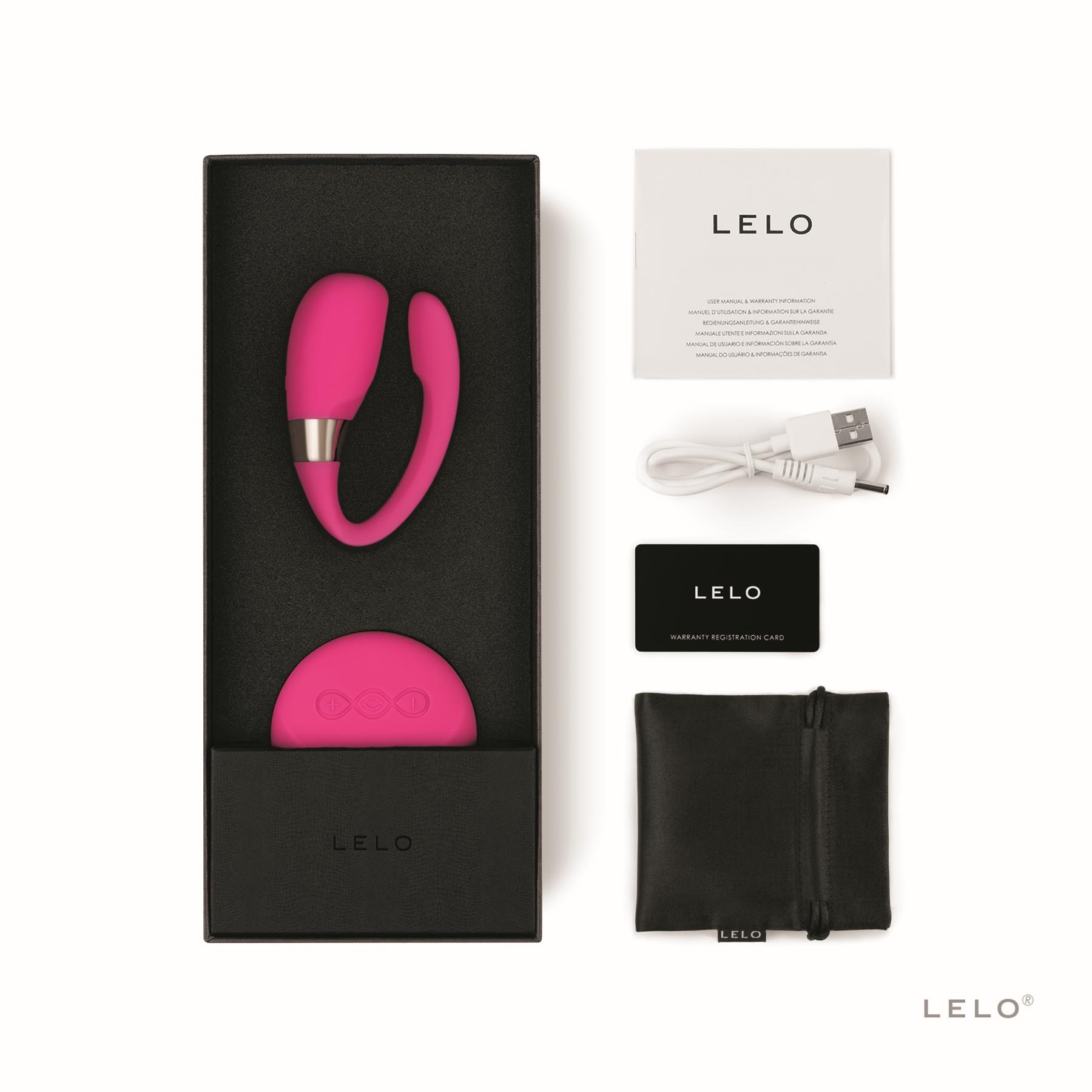Lelo Tiani 3 Remote Control Couples Massager Product Shot with all components included in box