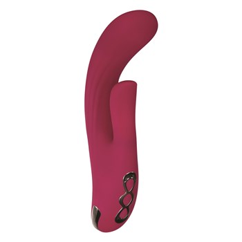 Red Dream Dual Motor Massager Upright Product Shot with Clitoral Stimulator Angled Toward Front