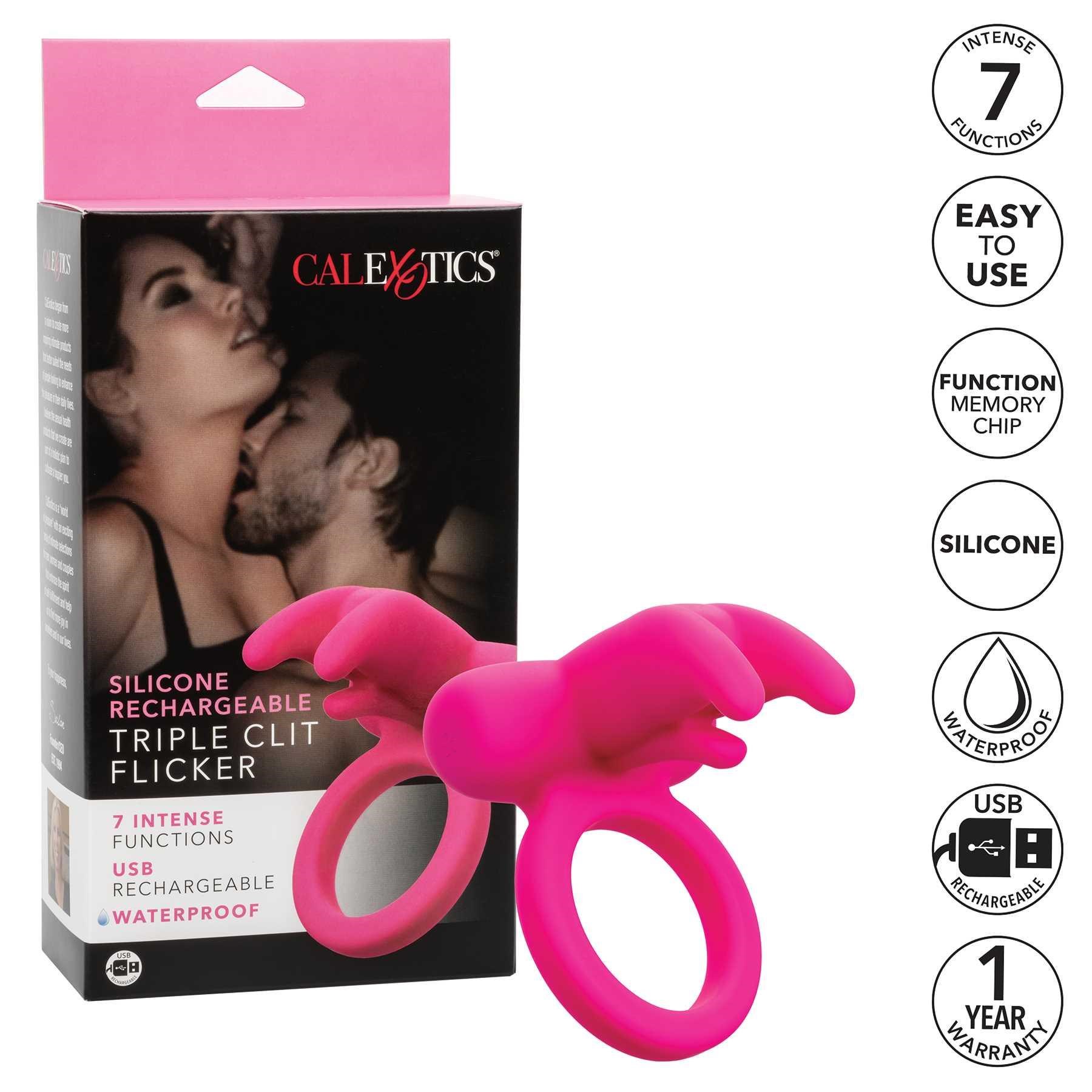 silicone triple clit flicker with packaging and features list