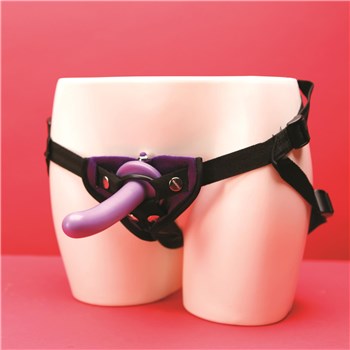 Tantus Purple Haze Bend Over Intermediate Harness Set Small Dildo and Harness on Mannequin