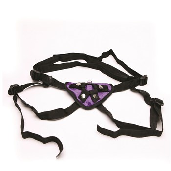 Tantus Purple Haze Bend Over Intermediate Harness Set - Harness on Table Top