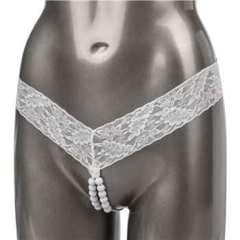 Adam & Eve Exclusive Crotchless Beaded Lovers Thong White front grey