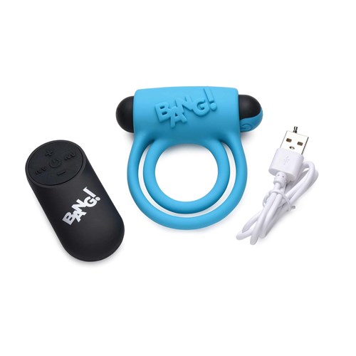 28X silicone cockring and bullet with remote and USB charging cable in blue color