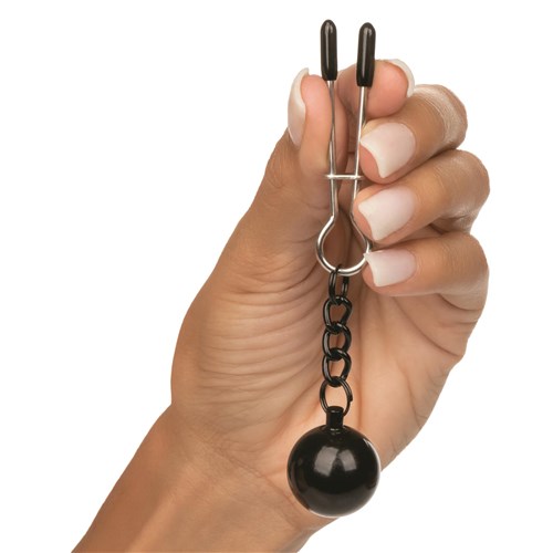 Nipple Grips Weighted Tweezer Nipple Clamps Hand Shot to Show Size