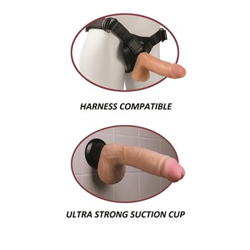 Real Feel 9 Vibrating Dildo Showing Harness Compatible and Suction Cup on Wall