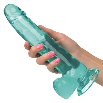 Size Queen 8 Inch Dildo Hand Shot to Show Size - Blue