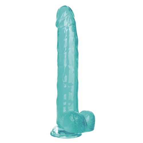 Size Queen 10 Inch Dildo Upright Product Shot With Balls to Right - Blue