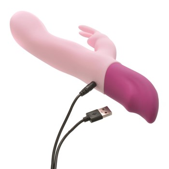 Hello Rabbit Rechargeable Vibrator With Holographic Storage Bag Showing Where Charger is Placed