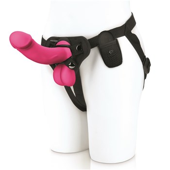 Pegasus 6.5 Inch Vibrating Dildo With Balls Harness Set On Mannequin