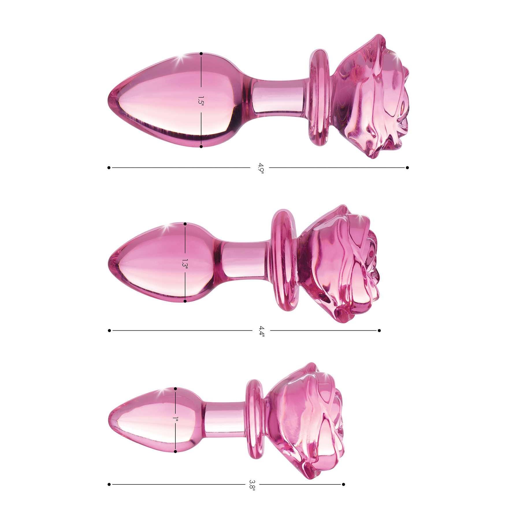Booty Sparks Pink Rose Glass Anal Plug line-up of plugs with measurements
