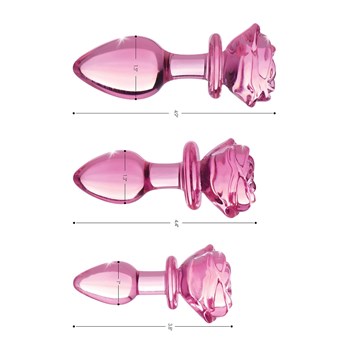 Booty Sparks Pink Rose Glass Anal Plug line-up of plugs with measurements

