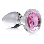 Booty Sparks Pink Gem Glass Anal Plug angled view table top
