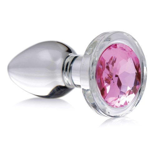 Booty Sparks Pink Gem Glass Anal Plug angled view table top
