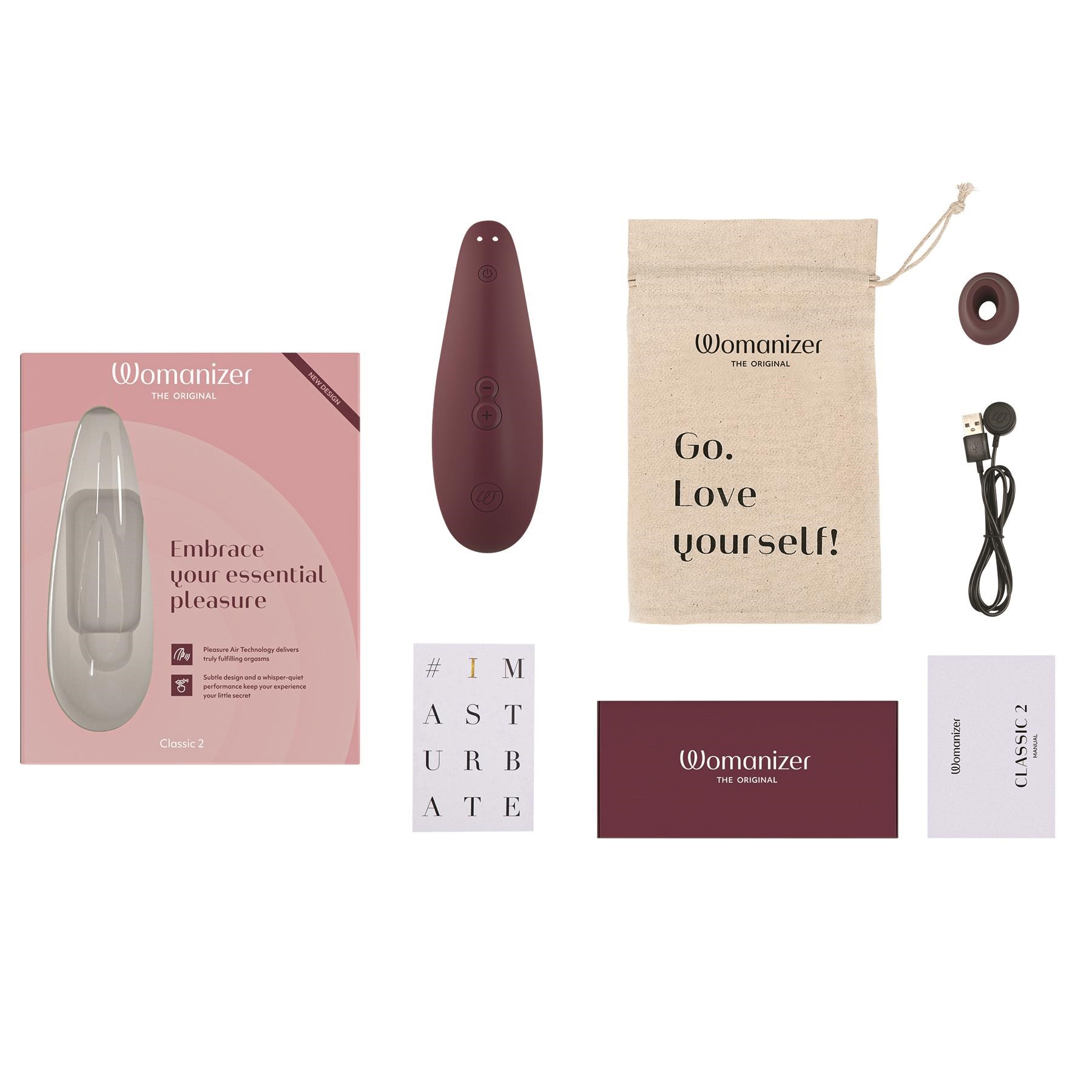 Womanizer Classic 2 Clitoral Stimulator Open Box Showing All Components - Burgundy