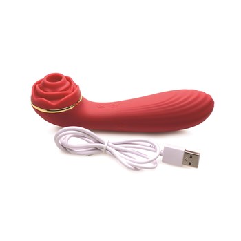 Bloomgasm Passion Petals Suction Rose Vibrator Product Shot With USB Charging Cord