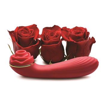 Bloomgasm Passion Petals Suction Rose Vibrator Product Shot with Roses #1 - Red
