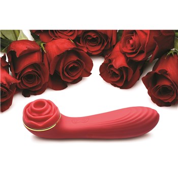 Bloomgasm Passion Petals Suction Rose Vibrator Product Shot with Roses #3 - Red