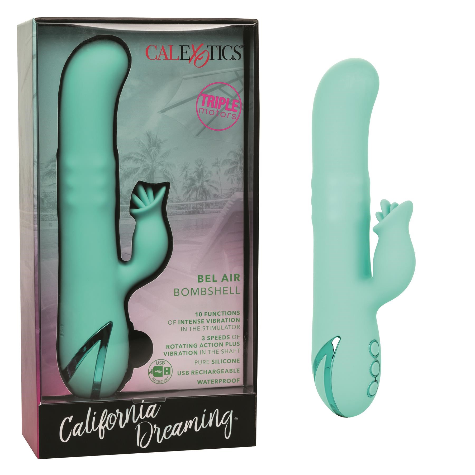 California Dreaming Bel Air Bombshell Dual Stimulator - Product and Packaging