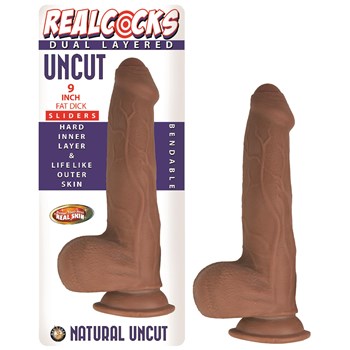 Realcocks 9 Inch Fat Dick Dual Layered Uncut Sliders Dildo - Product and Packaging - Brown