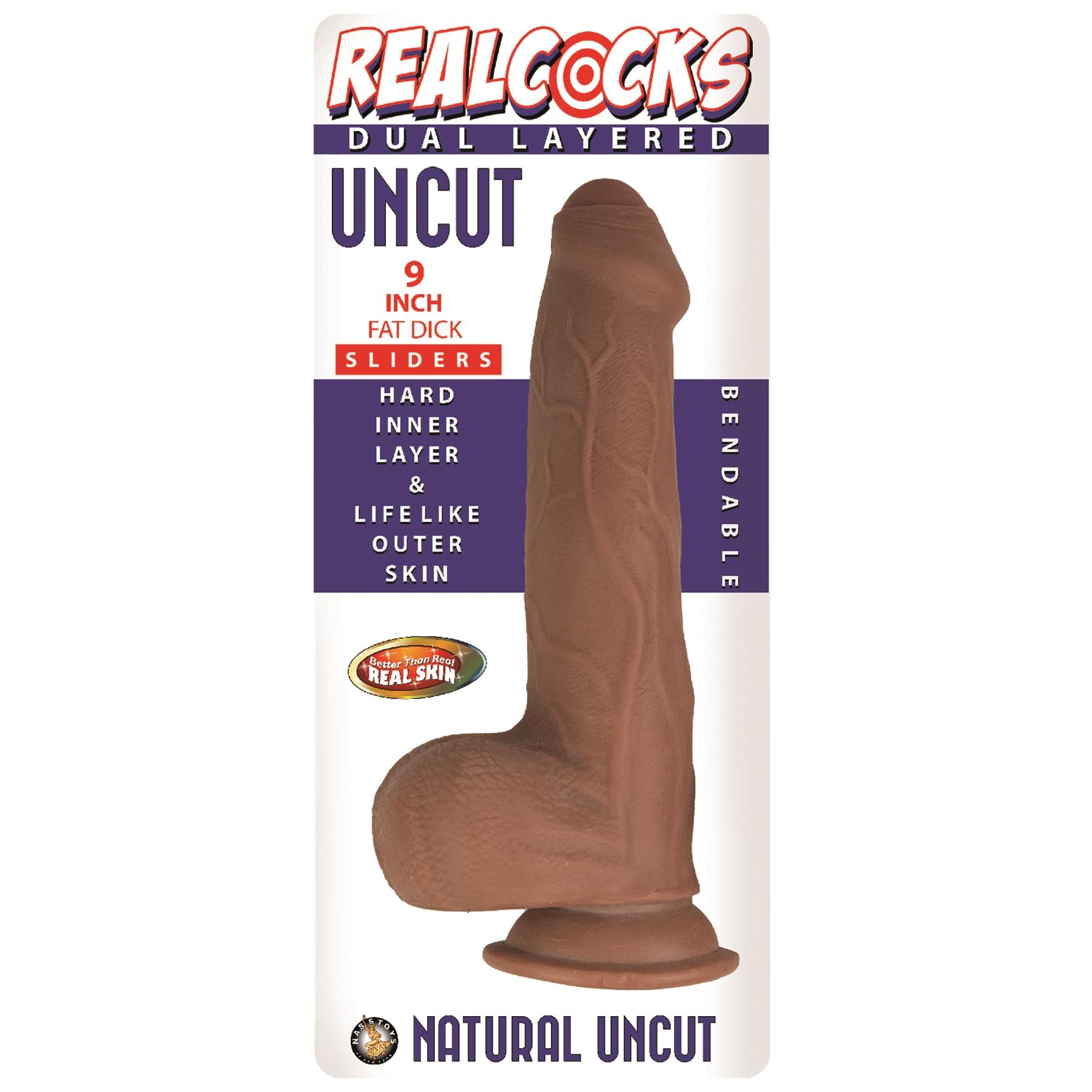 Realcocks 9 Inch Fat Dick Dual Layered Uncut Sliders Dildo - Packaging - Brown