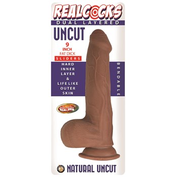 Realcocks 9 Inch Fat Dick Dual Layered Uncut Sliders Dildo - Packaging - Brown