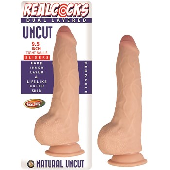 Realcocks 9.5 Inch Tight Balls Dual Layered Uncut Sliders Dildo - Product and Packaging - White