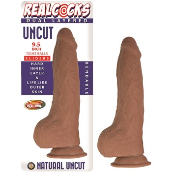 Realcocks 9.5 Inch Tight Balls Dual Layered Uncut Sliders Dildo - Product and Packaging - Brown