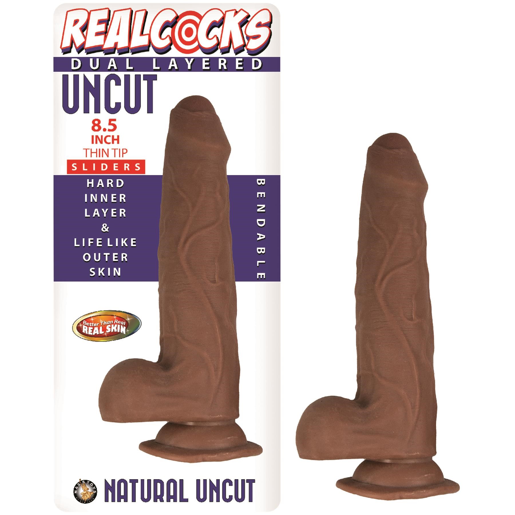 Realcocks 8.5 Inch Thin Tip Dual Layered Uncut Sliders Dildo - Product and Packaging - Brown