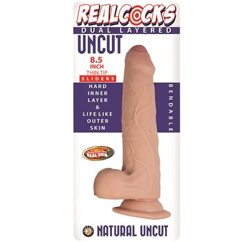 Realcocks 8.5 Inch Thin Tip Dual Layered Uncut Sliders Dildo - Packaging - White