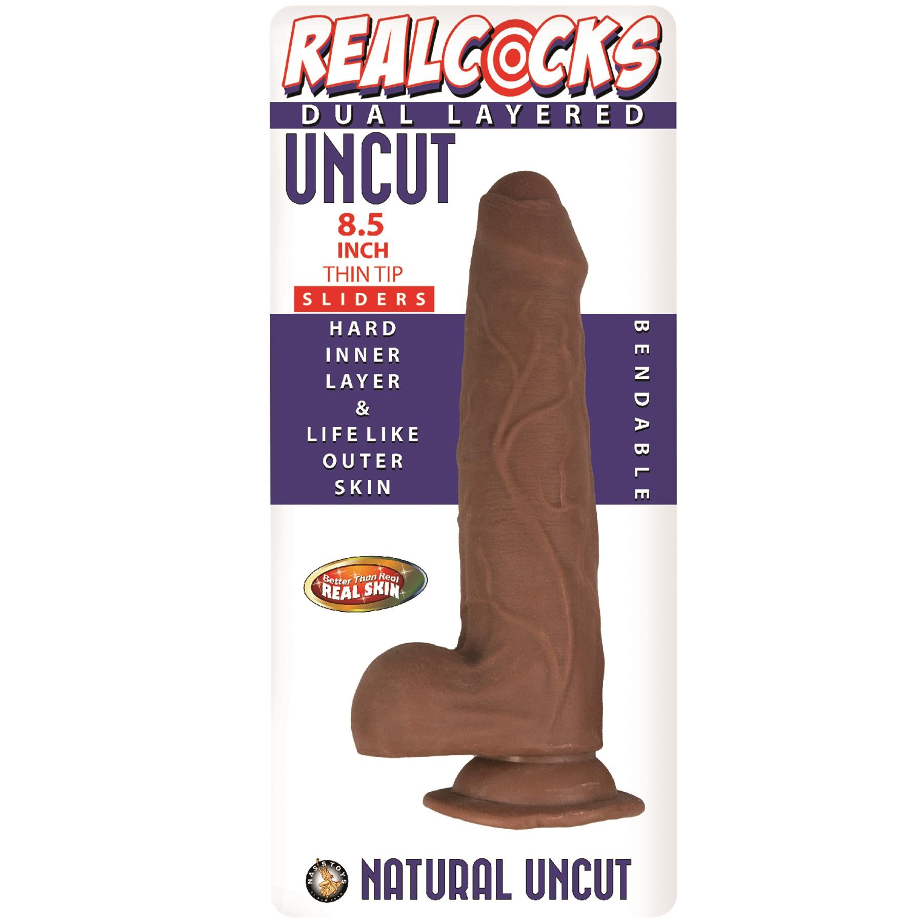 Realcocks 8.5 Inch Thin Tip Dual Layered Uncut Sliders Dildo - Packaging - Brown