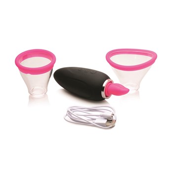 Shegasm Lickgasm Mini Pussy Pump - Product, Both Cup Sizes, and Charging Cable