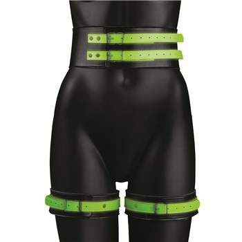 Ouch! Glow In The Dark Thigh Cuffs with Belt and Handcuffs - Product Shot - S/M Front
