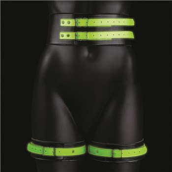Ouch! Glow In The Dark Thigh Cuffs with Belt and Handcuffs - Product Shot - In the Dark - S/M Front