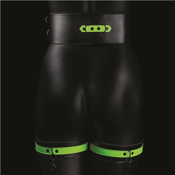 Ouch! Glow In The Dark Thigh Cuffs with Belt and Handcuffs - Product Shot - In the Dark - S/M Back
